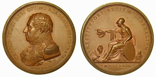 REGNO DI SARDEGNA. CARLO FELICE DI SAVOIA, 1821-1831. Medaglia in bronzo 1823. Per il ripristino dell’Accademia delle Belle Arti in Torino.
