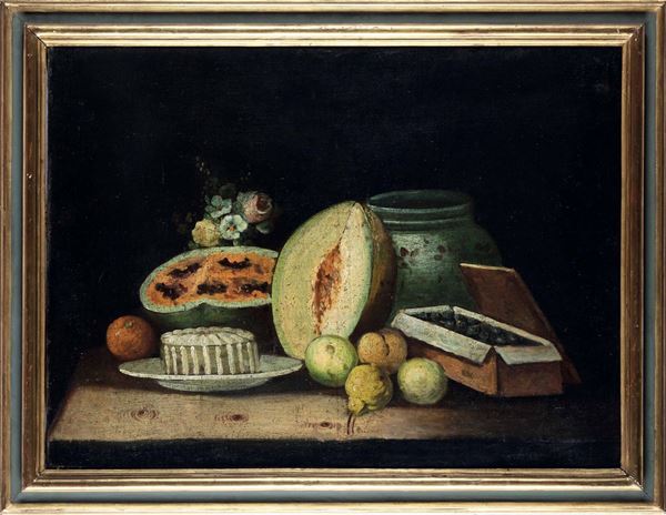 Scuola del XVIII secolo Nature morte con composizioni di frutti, vasellame e fiori