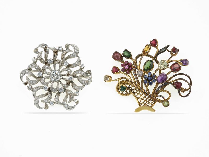 Two diamond and gem-set brooches  - Auction Jewels - Cambi Casa d'Aste