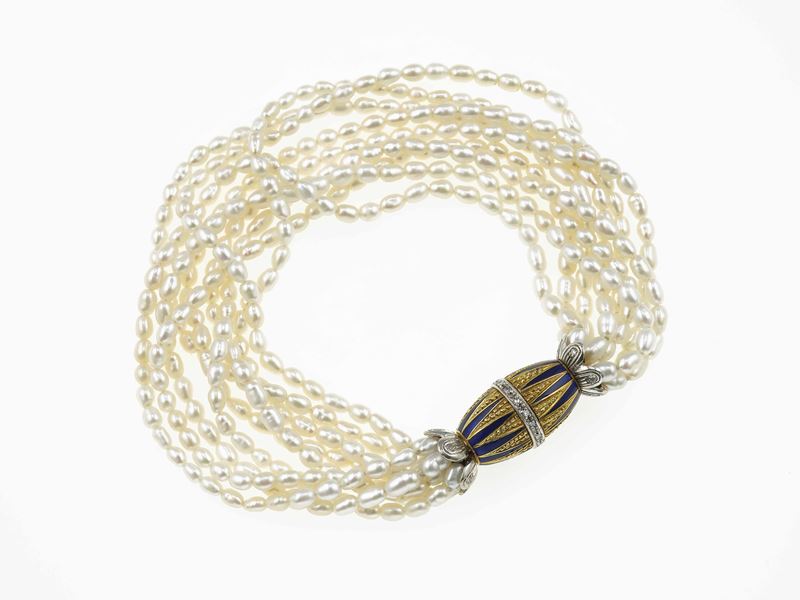 Pearl, gold, enamel and diamond bracelet  - Auction Jewels - Cambi Casa d'Aste