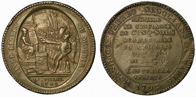 Rivoluzione Francese. Moneta-medaglia Fiduciaria da 5 Soldi, Fratelli Monneron 1792. Birmingham.