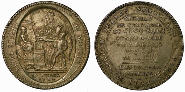 RIVOLUZIONE FRANCESE. Moneta-Medaglia fiduciaria da 5 soldi, Fratelli Monneron 1792. Birmingham.