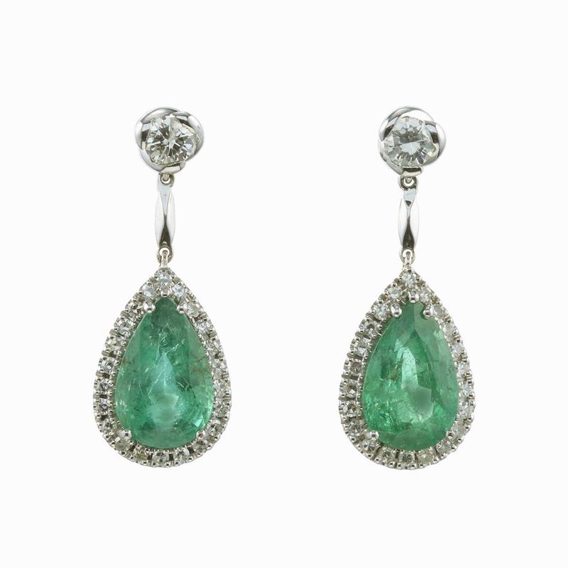 Pair of emerald and diamond earrings  - Auction Fine Jewels - Cambi Casa d'Aste
