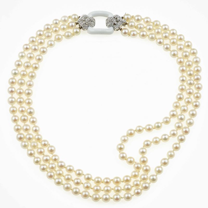 Cultured pearl, enamel and diamond necklace  - Auction Jewels - Cambi Casa d'Aste
