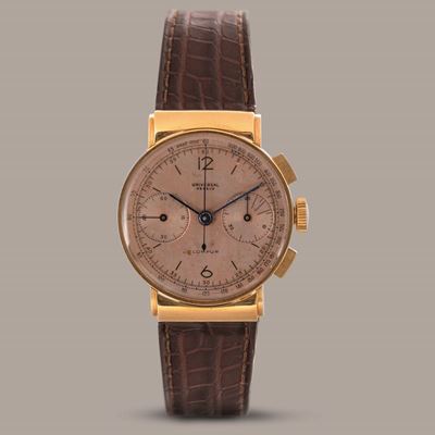 Universal Genève - Compur Cronografo Due Contatori in Oro 18k Tasti Quadri, Anse Coperte, Quadran...