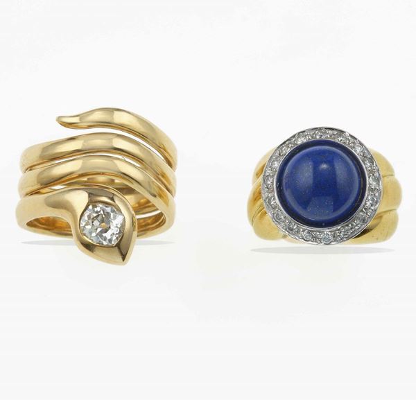 Two gold, diamond and lapis-lazuli rings