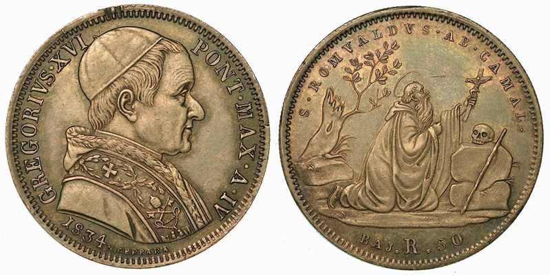 STATO PONTIFICIO. GREGORIO XVI, 1831-1846. 50 Baiocchi 1834/ A. IV.  - Auction Numismatics - Cambi Casa d'Aste
