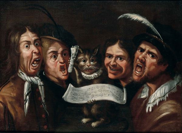 Ritratti caricaturali di quattro personaggi con gatto