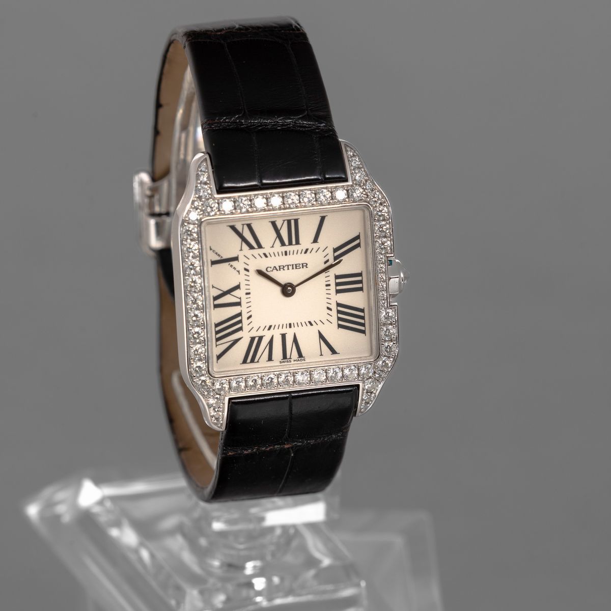 Cartier - Santos Dumont in Oro Bianco 18k e Diamanti, Quadrante Argentè Numeri Romani, Movimento ...