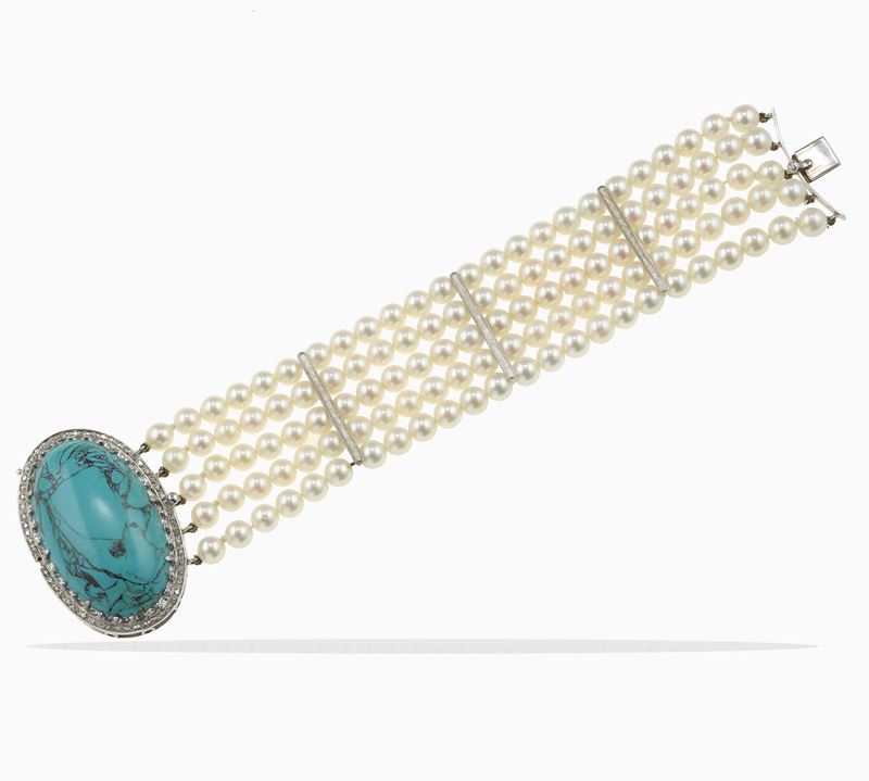 Bracciale con perle coltivate, piccoli diamanti e turchese  - Asta Gioielli - Cambi Casa d'Aste