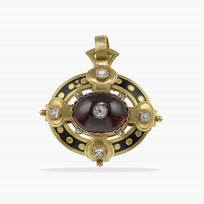 Locket con Granato, Smalti Policromi e Piccoli Diamanti