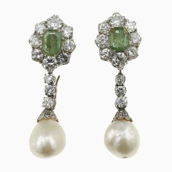 Pair of natural pearl, emerald and diamond earrings