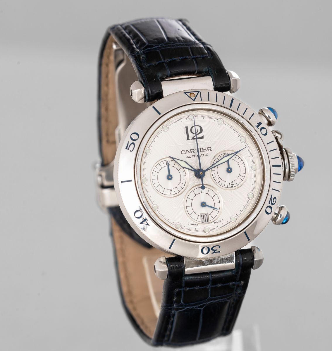 Cartier - Pasha in Acciaio Automatico, Cronografo Tre Contatori Quadrante Bianco con Numeri Arabi...