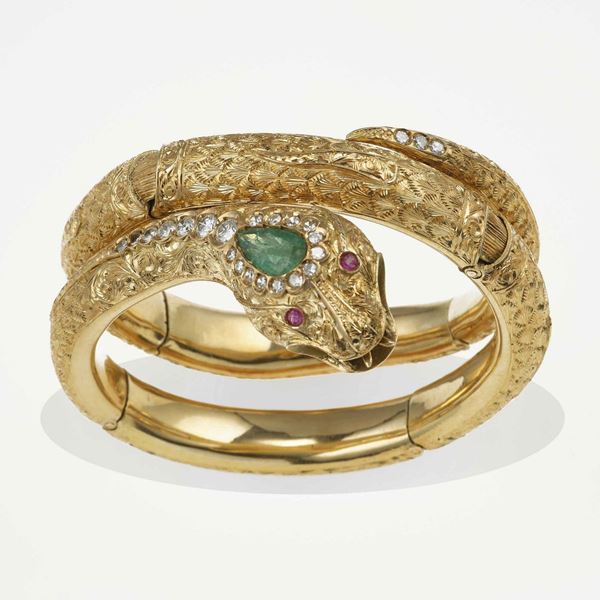 Bracciale "serpente" con smeraldo, diamanti e rubini
