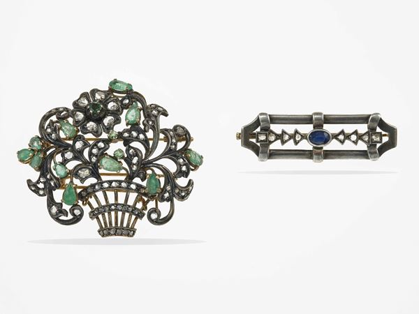 Two emerald, sapphire and diamonds brooch