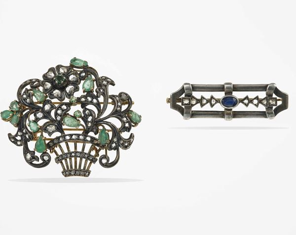 Two emerald, sapphire and diamonds brooch