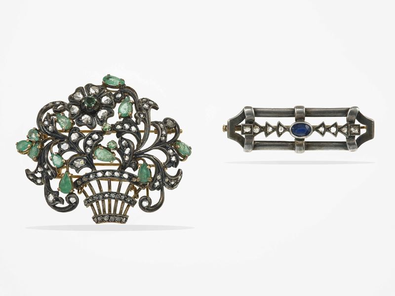 Two emerald, sapphire and diamonds brooch  - Auction Jewels - Cambi Casa d'Aste