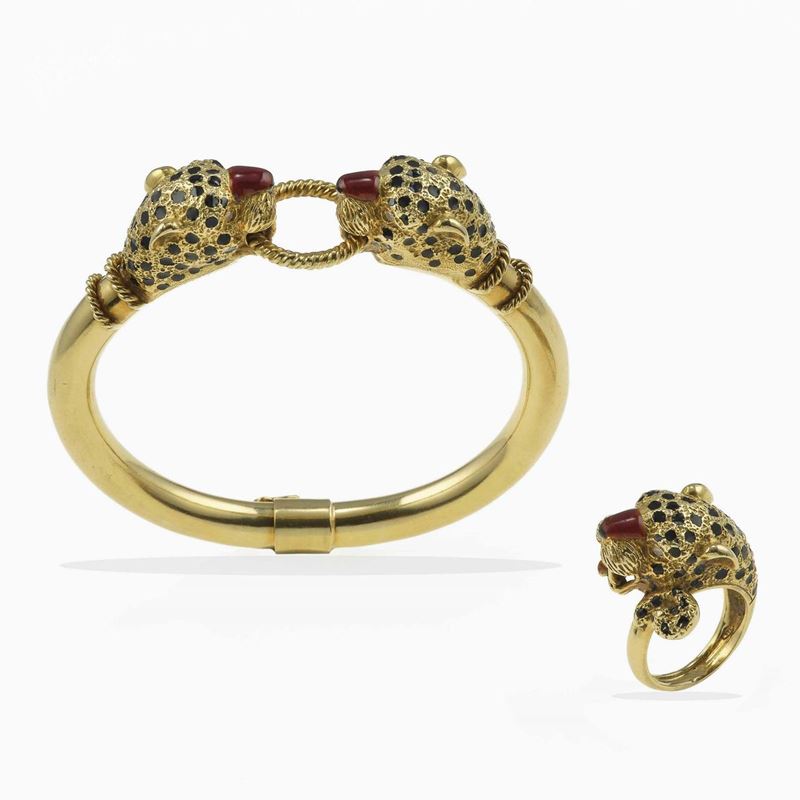 Demi-parure a soggetto animalier composto da bracciale rigido ed anello con smalti policromi  - Asta Fine Jewels - Cambi Casa d'Aste