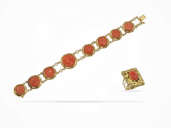 Coral and gold bracelet and low karat gold ring