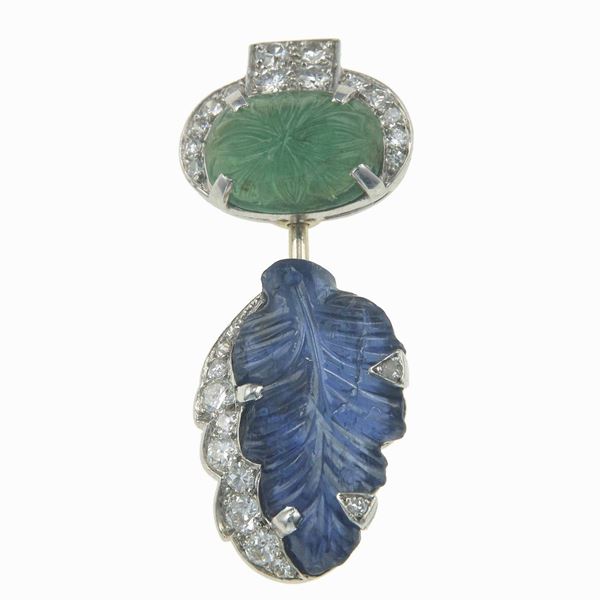 Carved emerald, sapphire, diamond and platinum brooch. "Cartier" on the mount, no serial number and marks