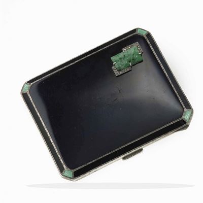 Porta Sigarette con Smalto Nero e Verde con Inserti in Giadeite e Diamanti