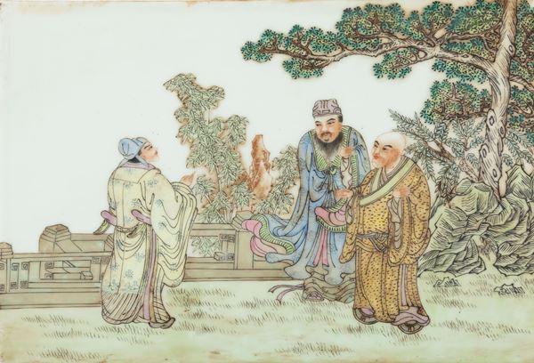 Placca in porcellana con figure di saggi e iscrizioni, Cina, Repubblica, XX secolo