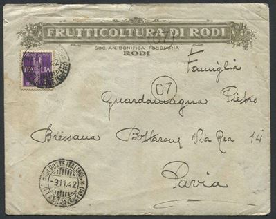1942, Villanova (rodi-egeo), Busta per Pavia del 9 Novembre.