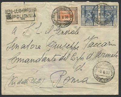 1930, Beni Ulid (tripolitania), Raccomandata per Roma del 9.8.1930.