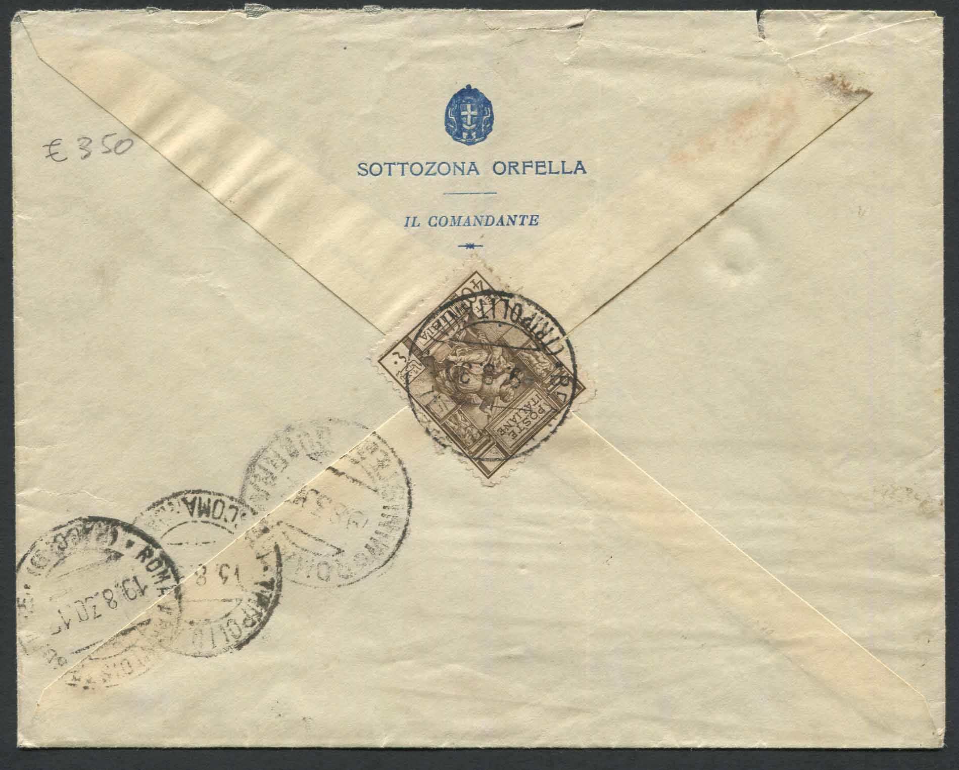 1930, Beni Ulid (tripolitania), Raccomandata per Roma del 9.8.1930.