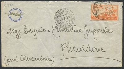 1939, Neghelli (galla e Sidama), Busta Via Aerea per Ricaldone (al).