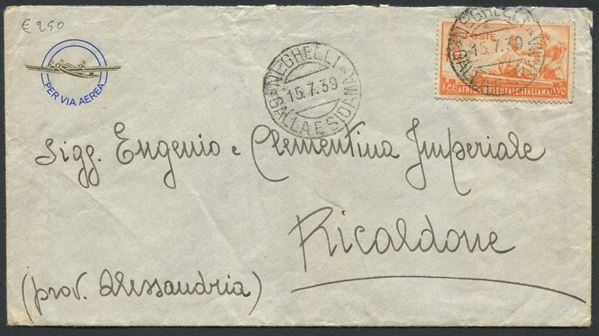 1939, Neghelli (Galla e Sidama), busta via aerea per Ricaldone (Al).