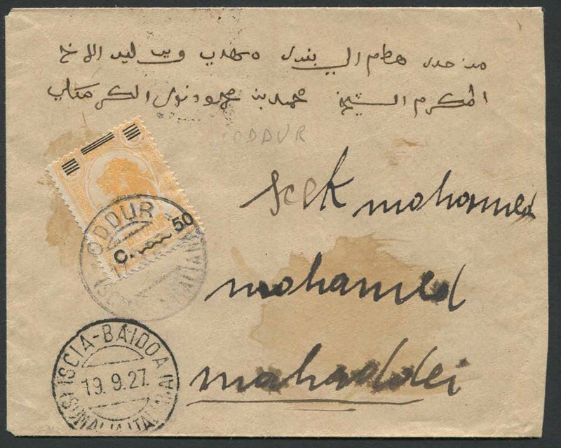 1927, Oddur (Somalia), busta per Mahadden-Uen del 17.9.  - Asta Filatelia e Storia Postale - Cambi Casa d'Aste