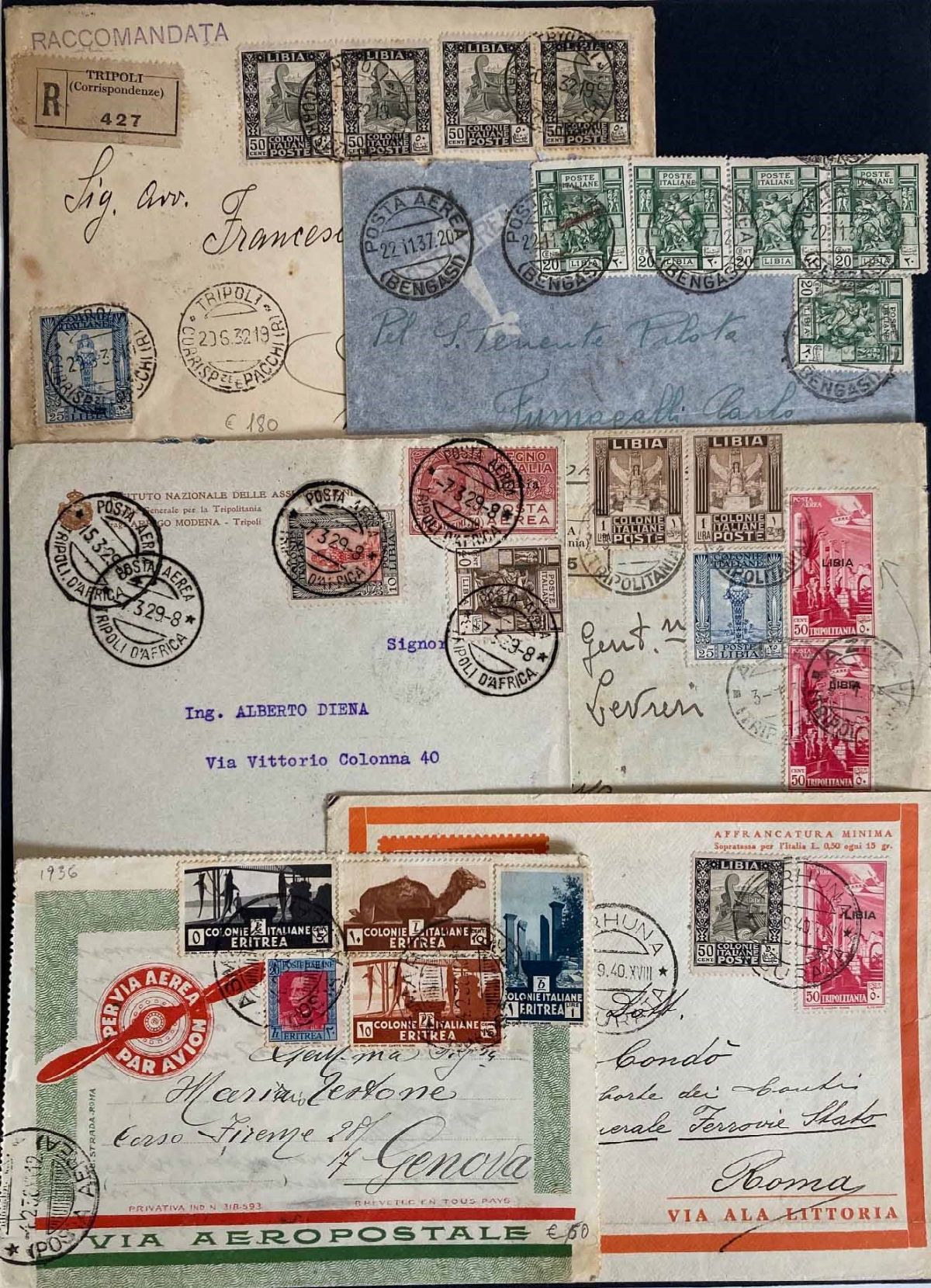 1911/1942, Colonie Italiane, Raccolta di 135 Buste o Lettere, 102 Cartoline, 3 Telegrammi, 6 Rice...