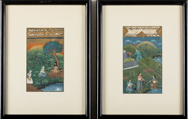 Quattro miniature su carta raffiguranti scene galanti con iscrizioni, India, XIX secolo