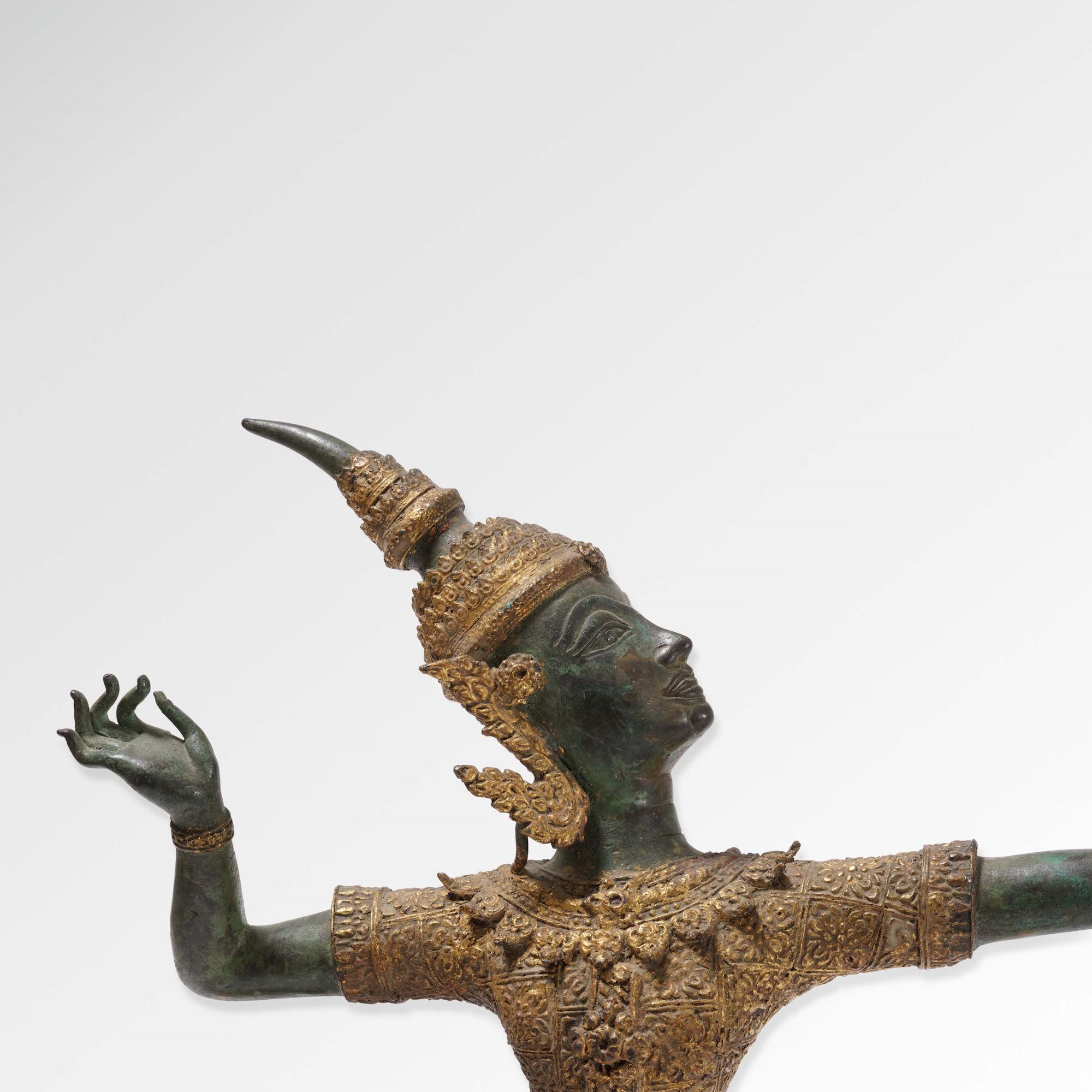 Figura di Arciere in Bronzo Parzialmente Dorato, Thailandia, XIX Secolo