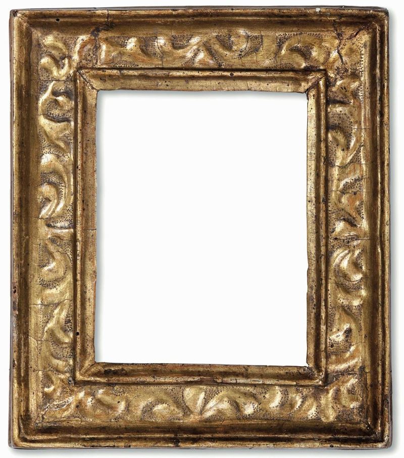 Piccola cornice a cassetta in pastiglia dorata e bulinata, Piemonte (?) XVI-XVII secolo  - Auction Frames - Cambi Casa d'Aste