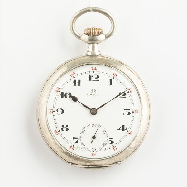 OMEGA: Orologio da tasca cassa in argento, 1905 circa scappamento ad ancora, quadrante in smalto bianco