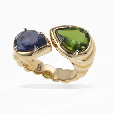 Anello Contrariè con Iolite e Tormalina Verde Cromo