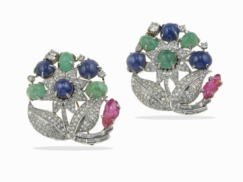 Pair of gem-set and platinum brooches  - Auction Fine Jewels - Cambi Casa d'Aste