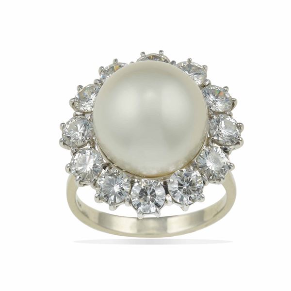 Cultured pearl and diamond ring