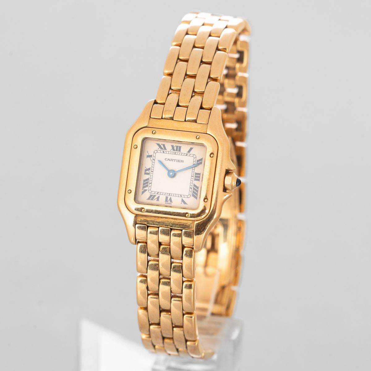 Cartier - Panthère in Oro Giallo 18k, Quadrante Grenè con Numeri Romani e Sfere in Acciaio Azzurr...