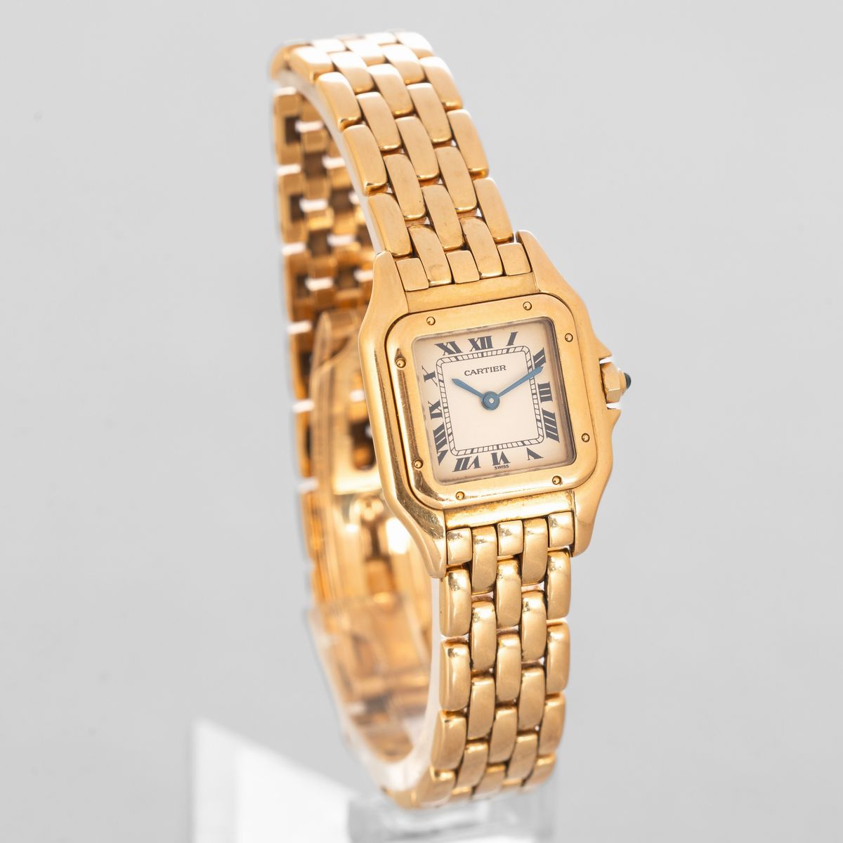 Cartier - Panthère in Oro Giallo 18k, Quadrante Grenè con Numeri Romani e Sfere in Acciaio Azzurr...