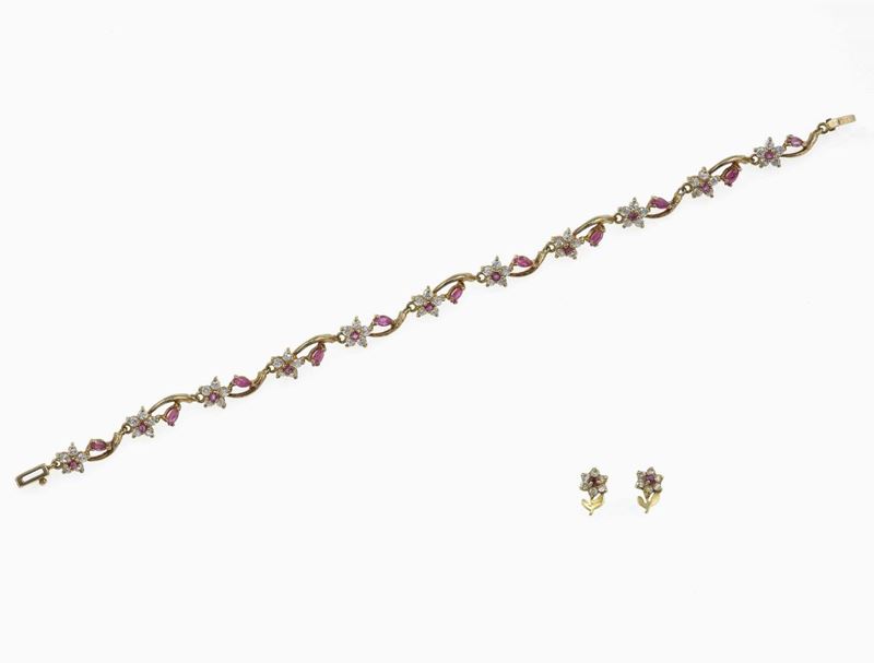 Demi-parure composta da bracciale ed orecchini con piccoli rubini e zirconie cubiche  - Asta Fine Jewels - Cambi Casa d'Aste