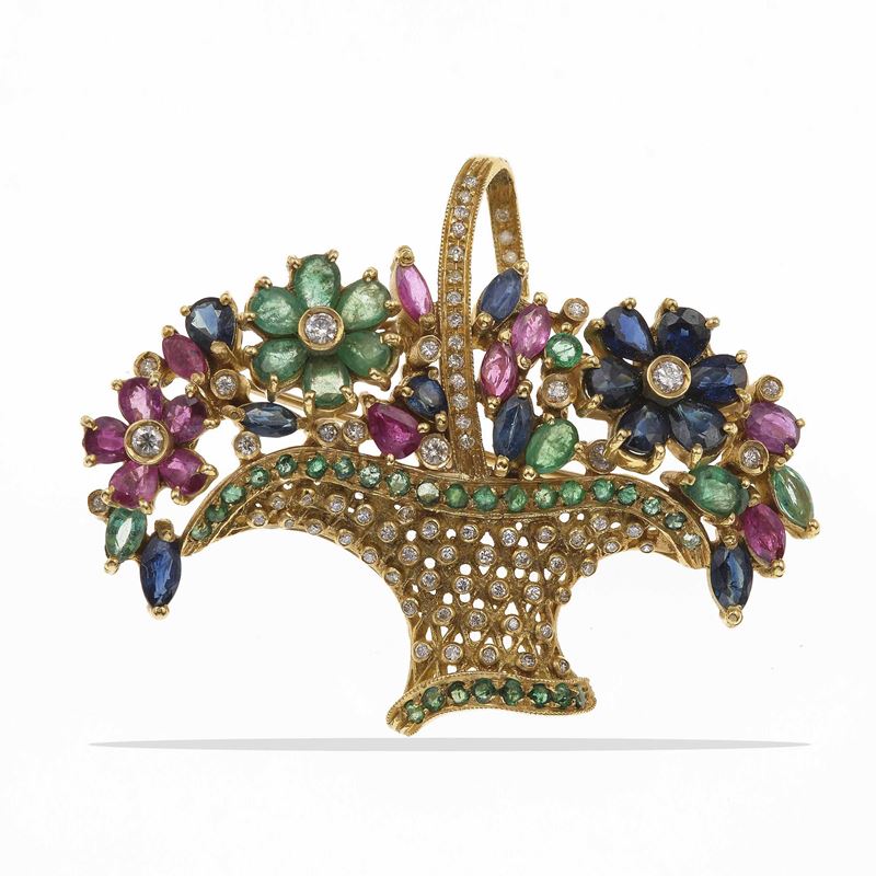 Spilla "cestino di fiori" con zaffiri, smeraldi, rubini e diamanti  - Asta Gioielli - Cambi Casa d'Aste
