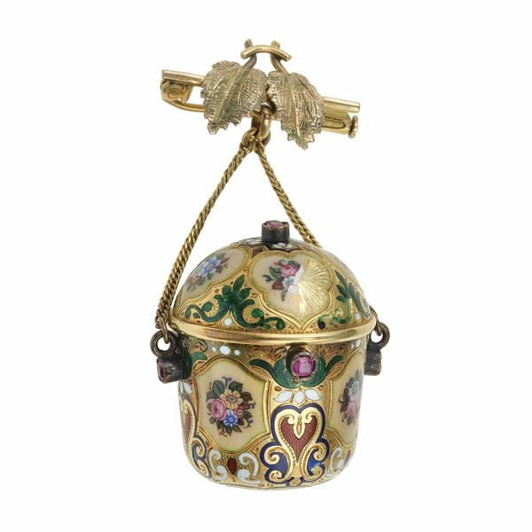 Enamel, ruby and gold brooch