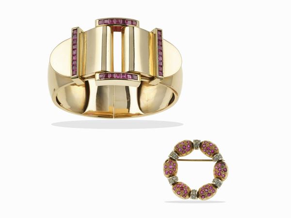 Synthetic ruby bangle and brooch