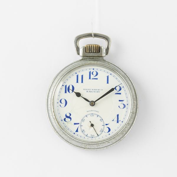 Rolex Watch C° Railway, orologio da tasca, tiepidamente assegnato ai ferrovieri americani,  in metallo cromato, quadrante in metallo smaltato piccole filature, 49 mm, cassa a vite