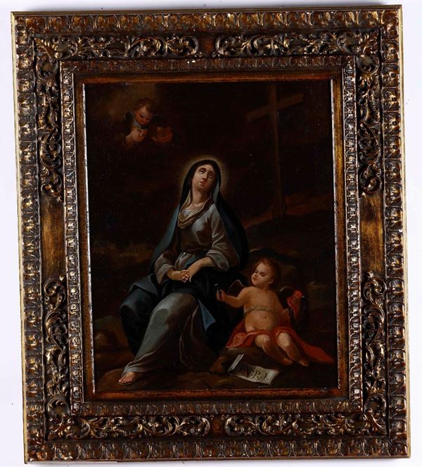 Scuola del XVIII secolo Madonna e Gesù Bambino ai piedi della Croce
