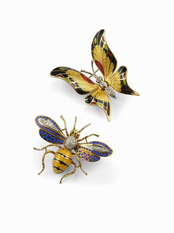 Two enamel, diamond and gold brooches