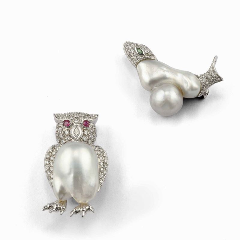 Two diamond, pearl and gold brooches  - Auction Fine Jewels - Cambi Casa d'Aste